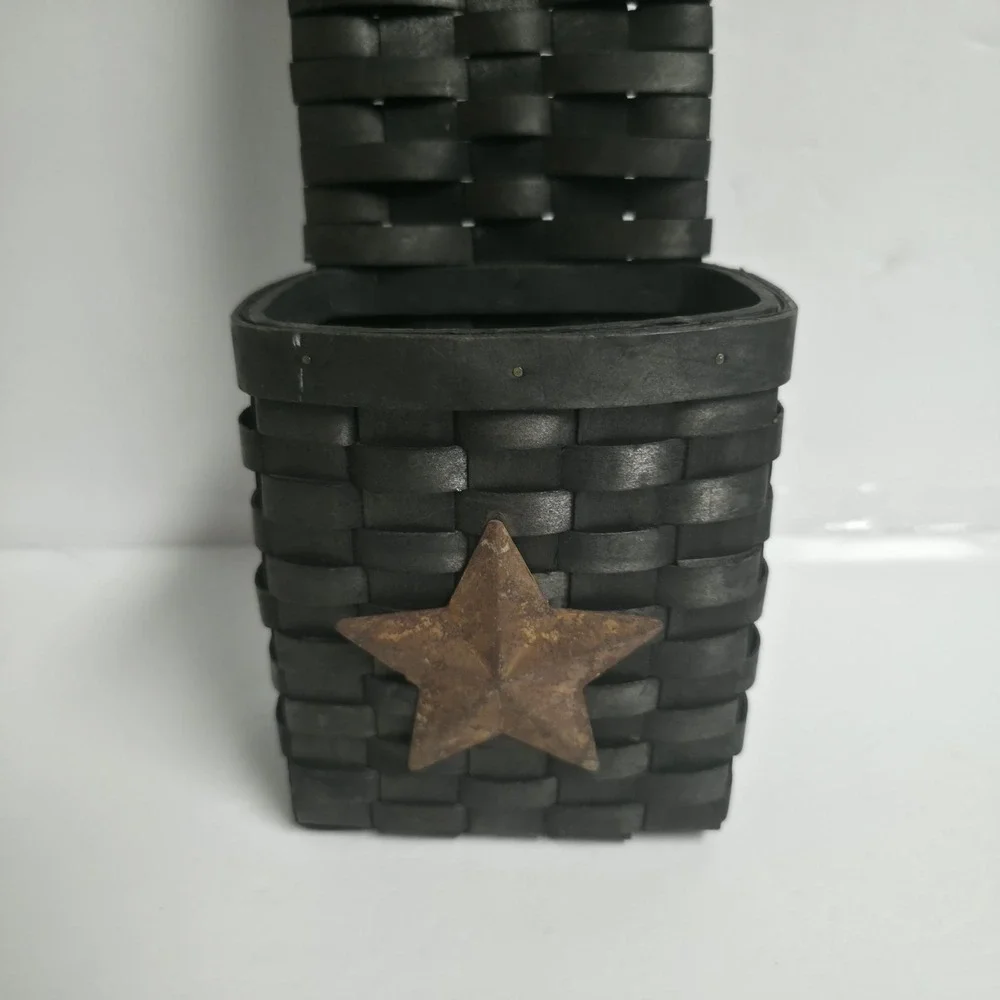 Primitive Black Woven Hanging Wall Basket Pocket Rusty Star Primitive Country